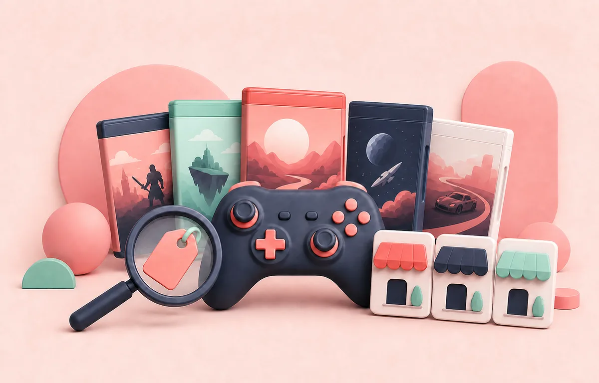 Ilustración sobre la búsqueda y comparación de ofertas de videojuegos